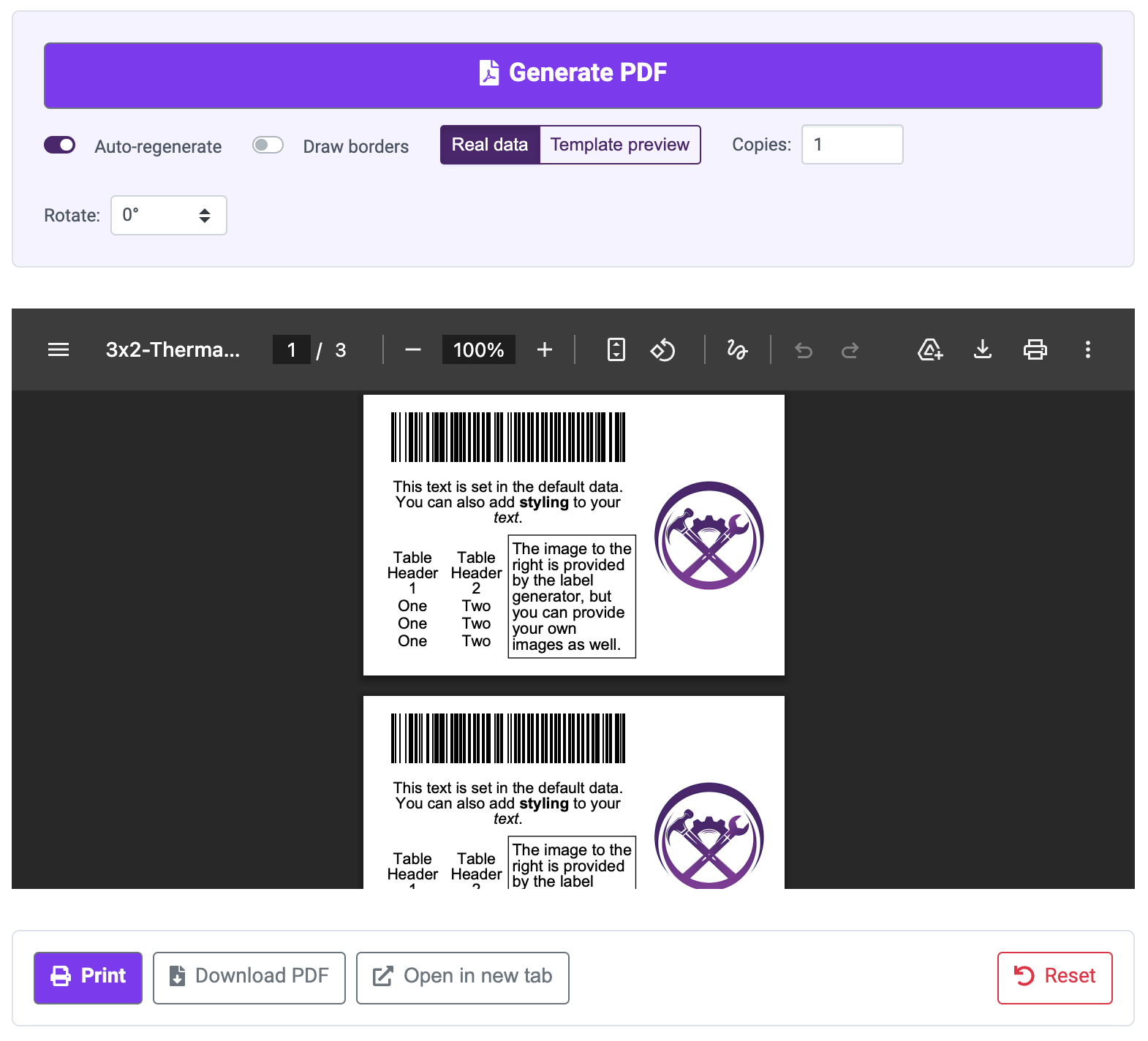 Previewing a generated label