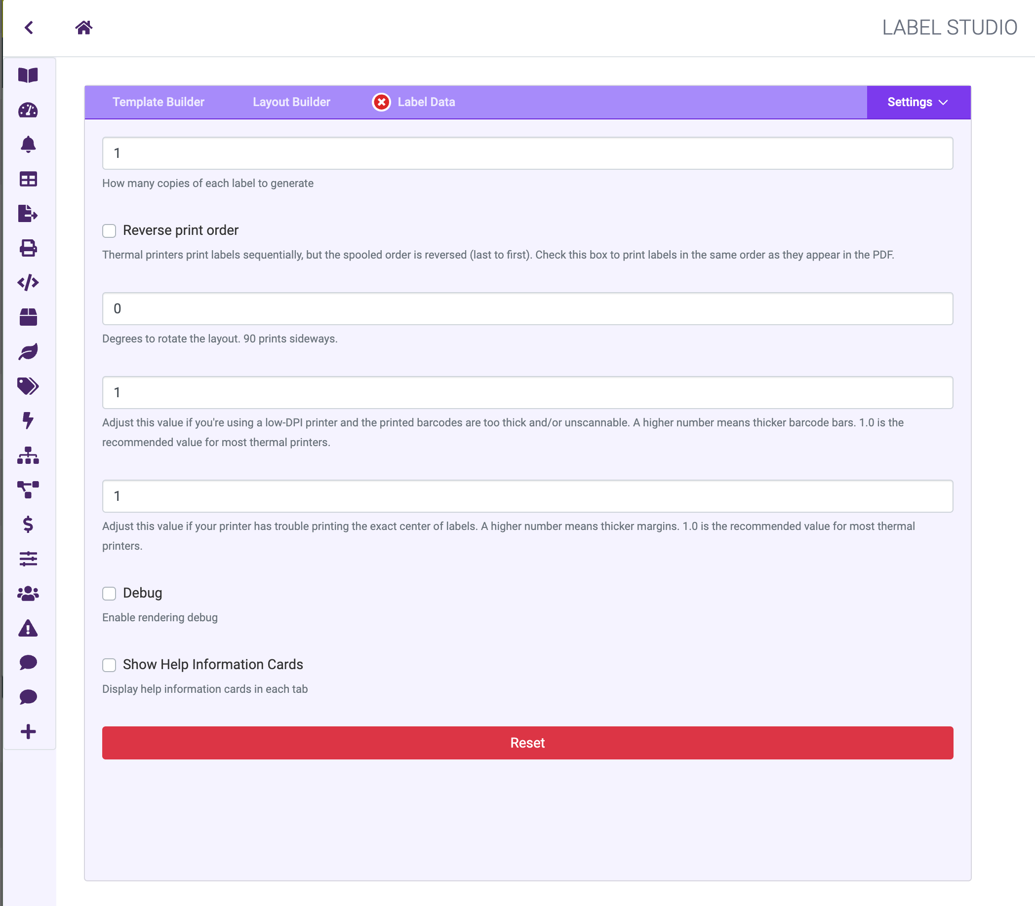 The Settings panel