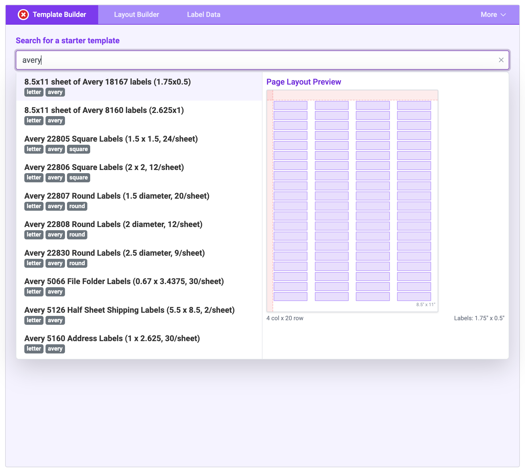 Starter template search with hover preview